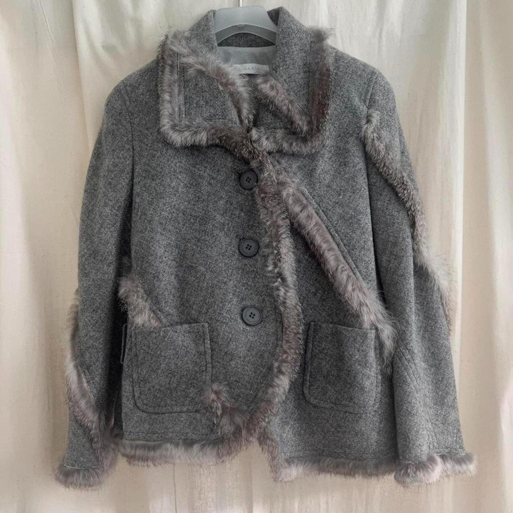 Nina Ricci Gray Wool-Blend Teddy Jacket with Faux-Fur Trim
